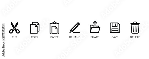 File Action Icons, Cut Copy Paste Save Delete Share and Rename Line Icon