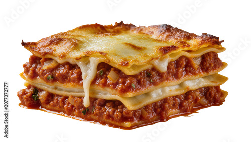 Schilderij op canvas Layered lasagna with melted cheese and rich meat sauce