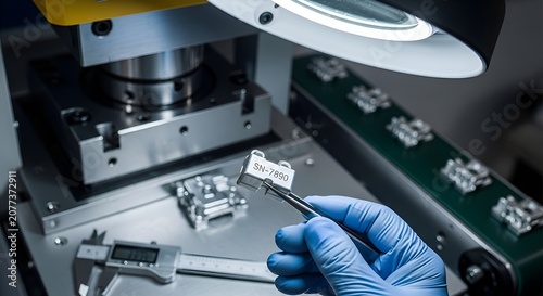 Precision part inspection with magnifying glass and calipers in a factory