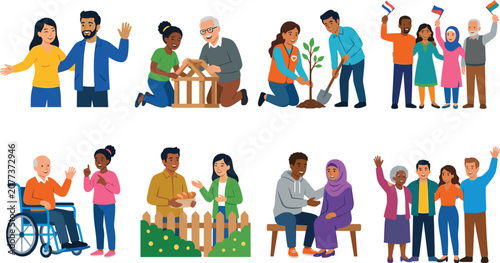 Bild auf Leinwand Collection of community and diversity illustrations featuring people engaging in