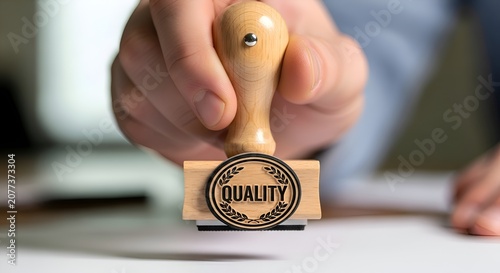 Person Holding Wooden Quality Stamp, Business Concept