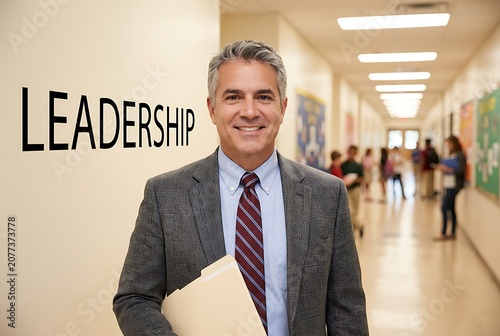 Smiling school principal holding folder stands in hallway near leadership sign with students walking in background focused on positive educational environment and mentorship.