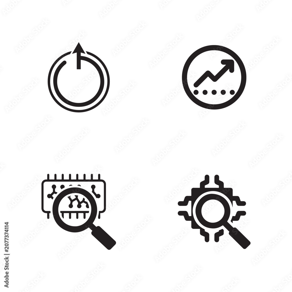 Fototapeta premium Power Button Restart Growth Chart Magnifier Virus Scan Microchip Search Gear Analysis Technology Icon Set Vector Illustration for System Optimization, Cybersecurity, Data Analysis
