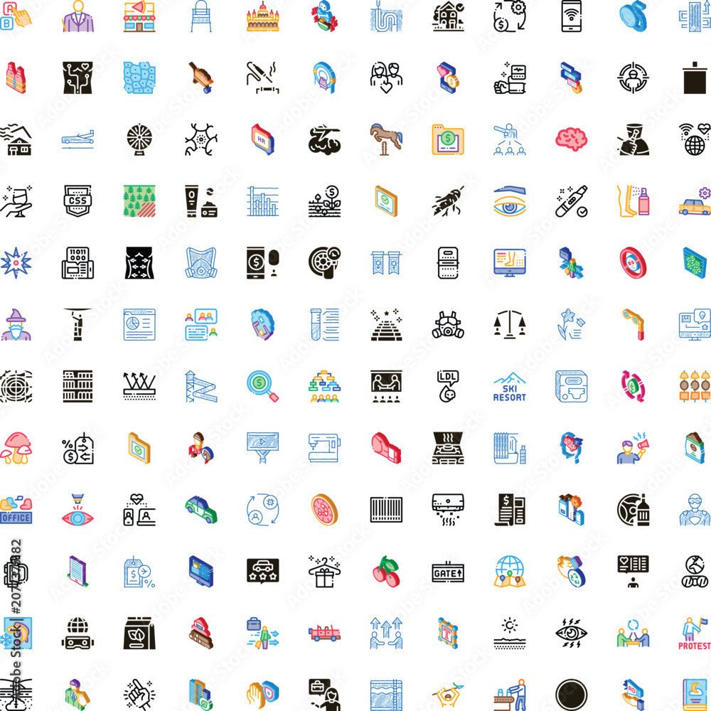 Naklejka premium Icons representing a wide array of concepts across business, health, nature, and technology, illustrating various activities, objects, and abstract ideas with a modern aesthetic