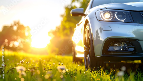 Luxury Car Parked in Golden Hour Sunlight Amidst Lush Green Field.