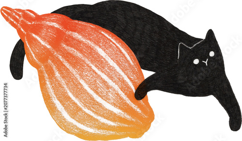 Foto Playful black cat with yellow orange gradient conch shell, colored pencil textur