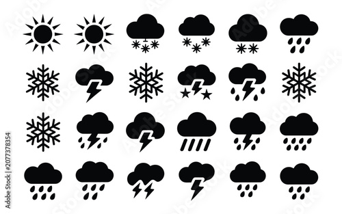 Obraz na plátně Extensive weather icon pack featuring lightning storm clouds and snow symbols for display