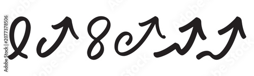 Set of 7 black hand drawn curly arrows, decorative doodle arrow symbols, direction pointers.