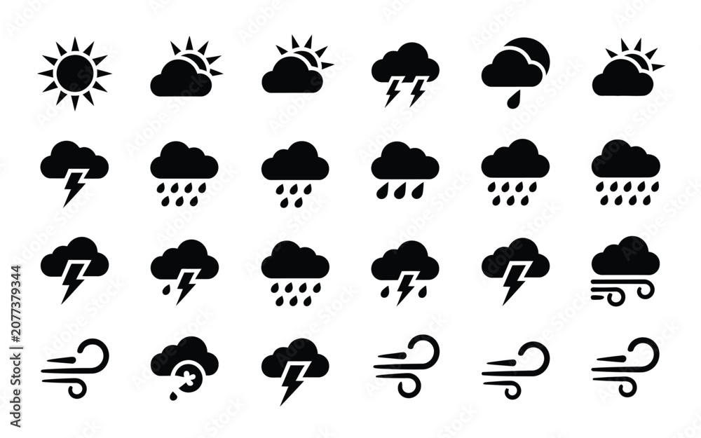 Fototapeta premium Weather forecast icon set with sun, cloud, lightning, rain, and wind for various conditions.