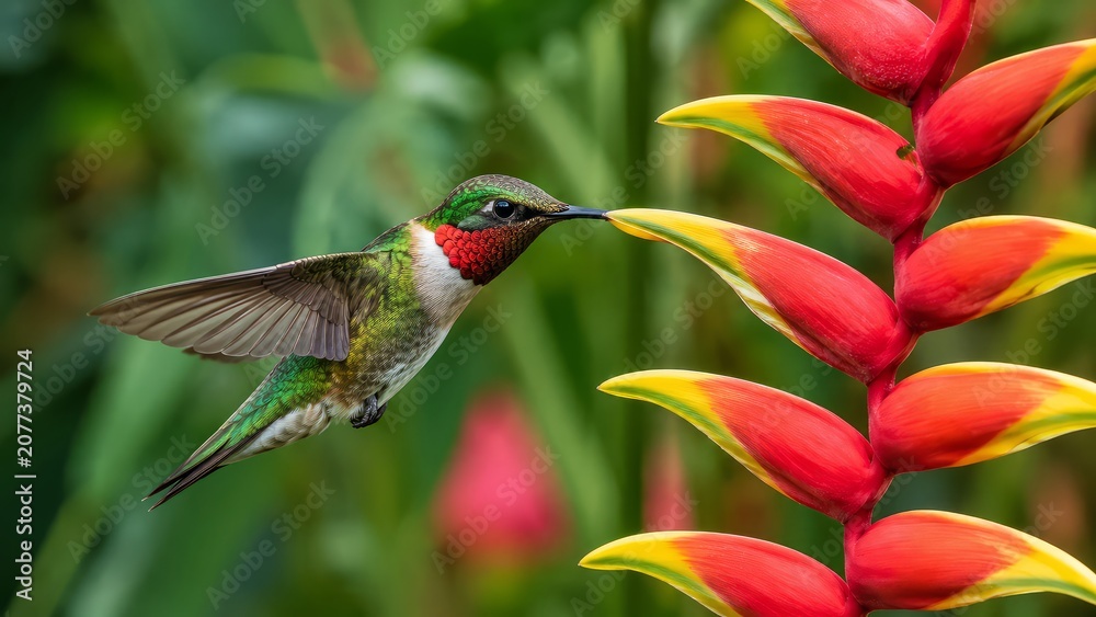 Fototapeta premium Ruby throated hummingbird hovering to feed on a vibrant red and yellow heliconia flower in a lush tropical garden setting with soft natural background blur