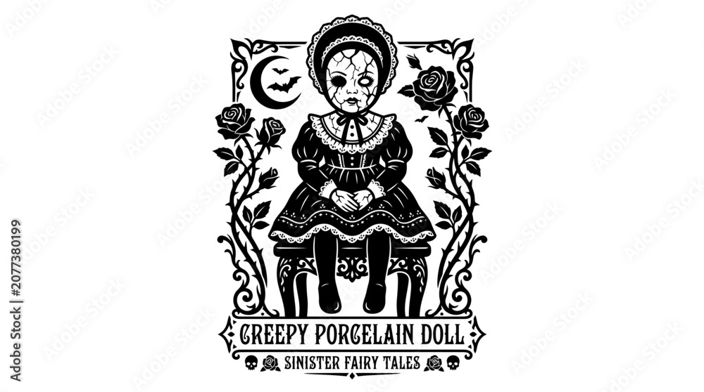 Fototapeta premium Creepy porcelain doll illustration with roses and moon.