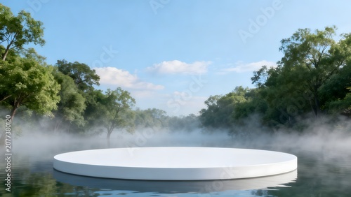 White circular platform in misty lake