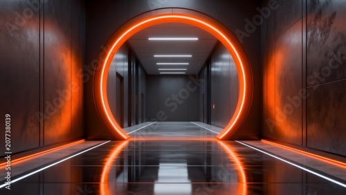 Futuristic corridor with glowing orange arch