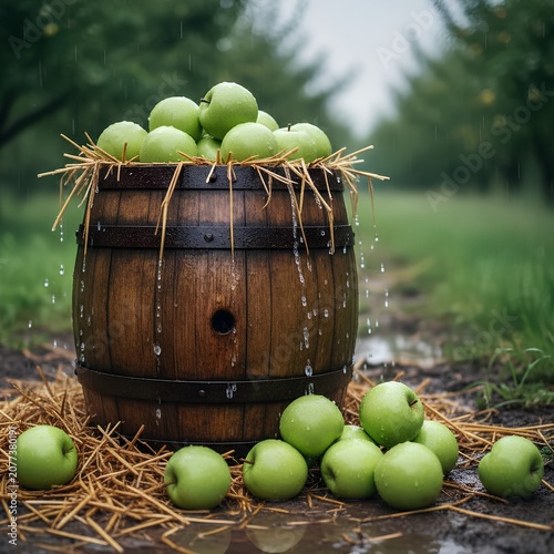 A weathered wooden barrel overflowing with crisp green apples is set in an orchard during a gentle rain shower. The barrel is surrounded by straw, with water droplets on the apples and barrel surface.