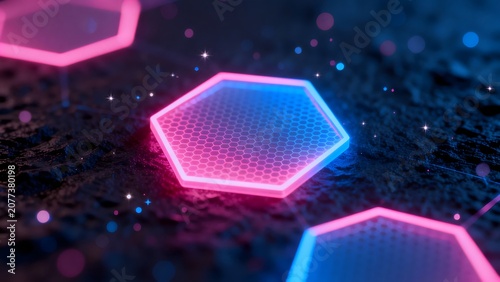 Neon hexagons on textured surface