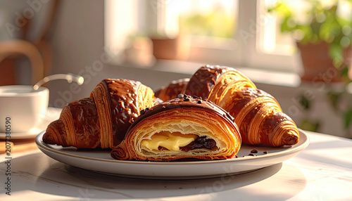 Freshly Baked Croissants with Chocolate and Cream Filling on Plate