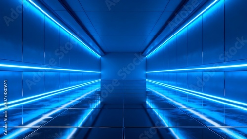 Blue neon lit corridor with reflective floor
