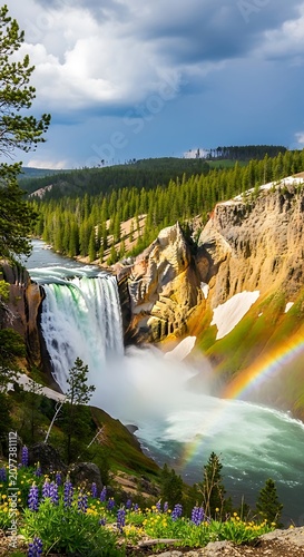 Majestic waterfall cascading through lush green valley.