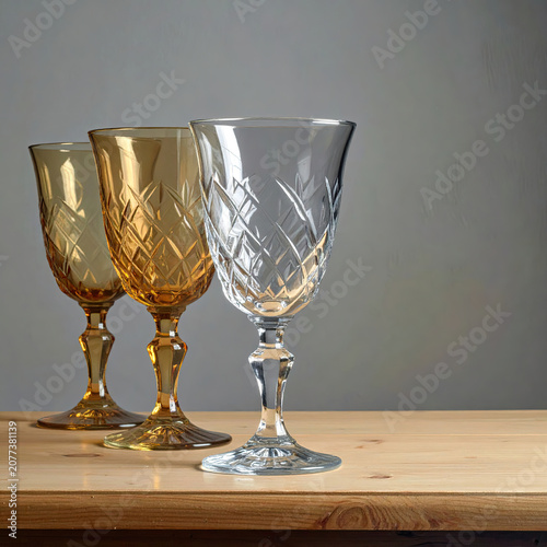 Elegant Crystal Wine Glasses Displayed on Wooden Surface