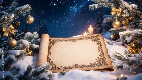 Snowy Christmas tree with scroll and candles