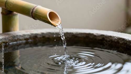 Bamboo spout pouring water into stone basin