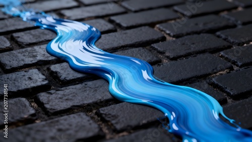 Blue liquid flowing on cobblestones