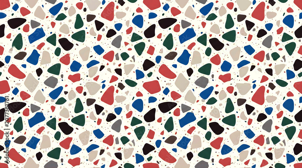 Fototapeta premium Terrazzo pattern design featuring colorful stone chips in blue red green and black colors scattered on a light cream background for modern interior surface decoration