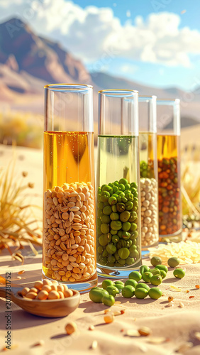 Herbal Medicine Ingredients in Test Tubes with Natural Landscape Background