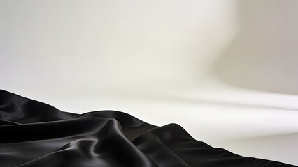 Elegant black satin fabric border on white background with large copy space 