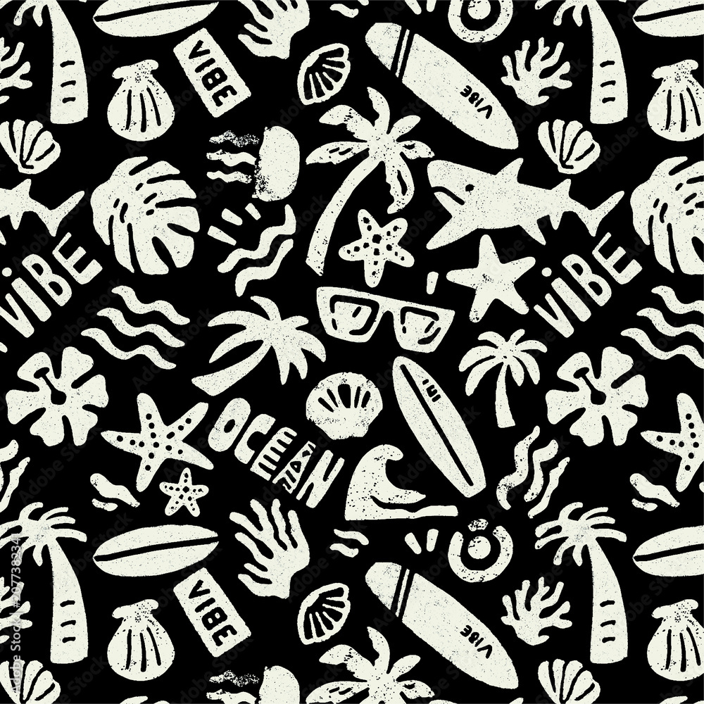 Fototapeta premium Tropical beach pattern with surfboards palm trees and ocean waves on black background