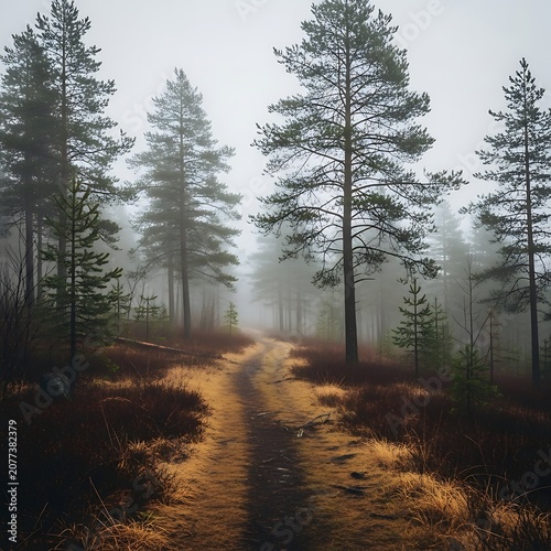 Misty forest path with golden autumn leaves and fog.