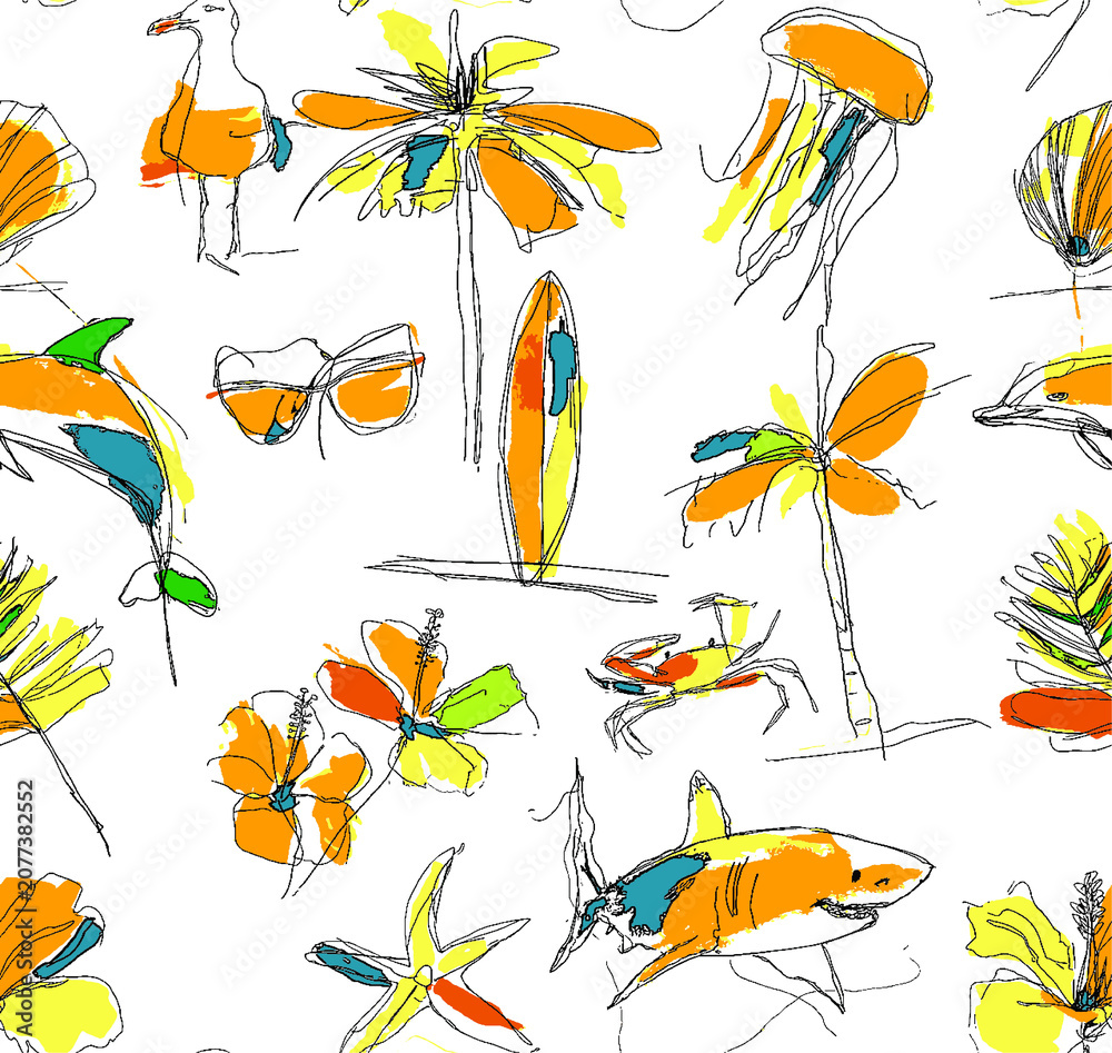 Obraz premium Tropical beach doodles with palm trees surfboards marine life and sunglasses on white background