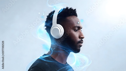 Man wearing headphones with blue light effects