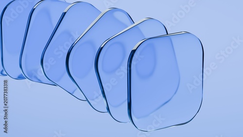Abstract blue glass squares with rounded corners. Neon light. Modern wallpaper 3D Illustration