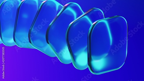 Abstract blue glass squares with rounded corners. Neon light. Modern wallpaper 3D Illustration