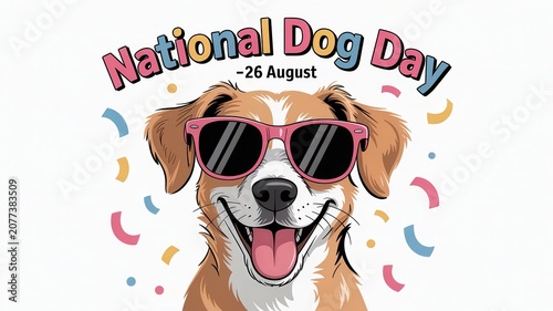 Happy cartoon dog wearing pink sunglasses for National Dog Day on August 26 with confetti, isolated on white background