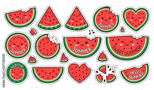 Quadro su tela Cute watermelon sticker set vector illustration heart shape and bite mark fruit