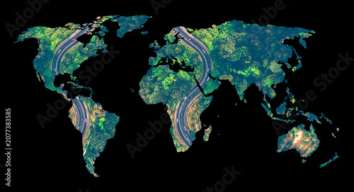 Obraz na płótnie World map silhouette with winding asphalt road and green forest texture, global