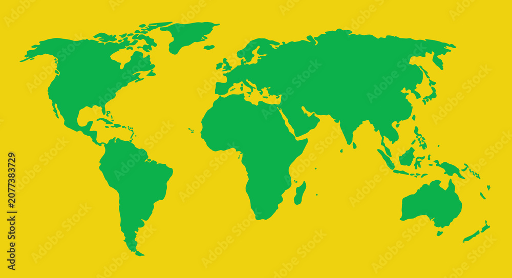 Obraz premium Minimalist world map silhouette, green continental landmass on yellow background, simple global geography graphic for educational presentation