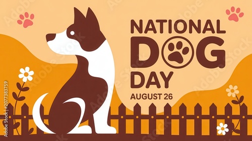 National Dog Day illustration with a stylized dog, paw prints, and a picket fence on an orange background