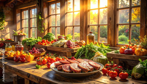 Fresh Vegetables and Meat Display in Sunlit Kitchen