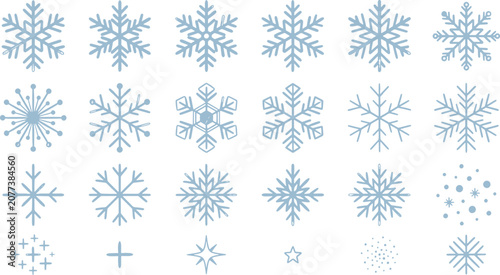 Set of various hand drawn snowflake illustrations for winter and holiday design elements with snowflake christmas illustration collection seasonal celebration decorative isolated