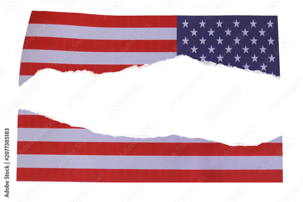 Fototapeta premium Crumpled american flag with rough torn edges isolated on a bright white background for design