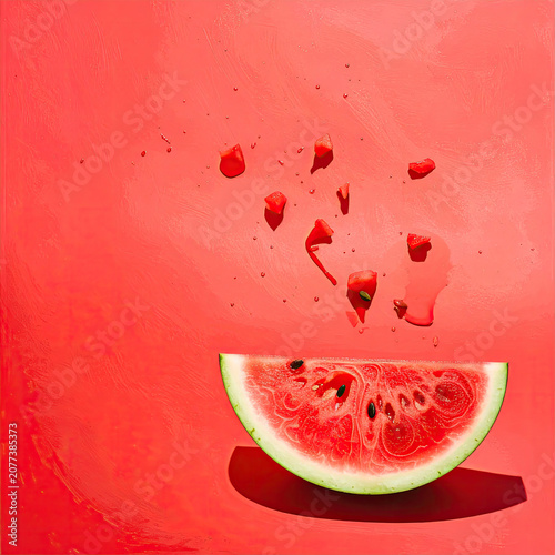 Watermelon slice with falling pieces on vibrant red background