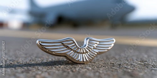 aviation achievement, well-liked airplane pilot wings badge with metallic reflections and a blurred runway, symbolizing premium aviation success