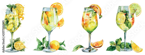 Foto Refreshing watercolor cocktails with vibrant citrus slices and green mint leaves