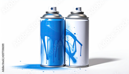 Two Spray Paint Cans with Blue Paint Drips on White Background