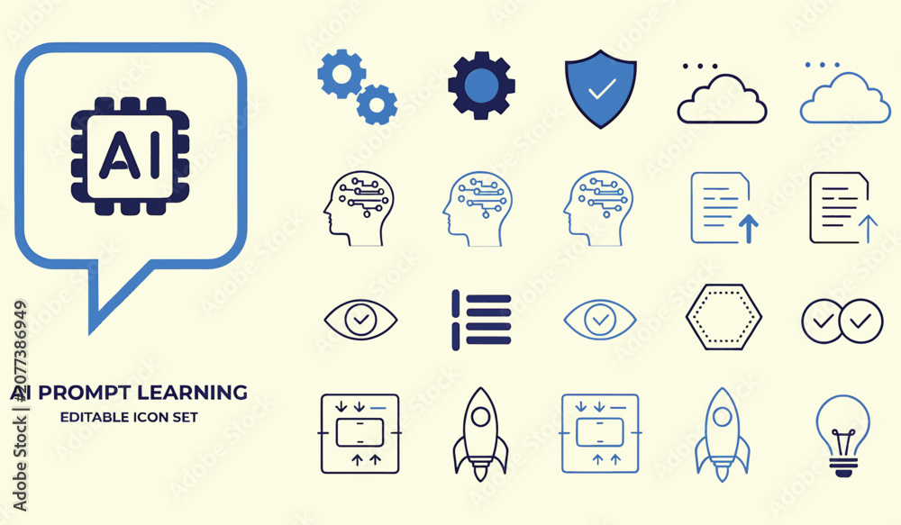 Fototapeta premium prompt learning and artificial intelligence icon set with brain and chip symbols in blue line art style for modern tech education and machine learning software interface