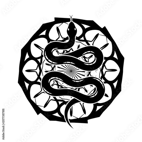 Black Snake Coiled in Geometric Octagon Circle Frame, Dark Serpent Mandala Gothic Symbol Tattoo Art Design, Reptile Vector Illustration Icon