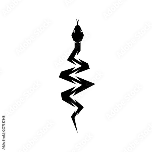 Black Silhouette of Decorative Zigzag Serpent in Ornamental Design, Stylized Angular Snake Pattern Art, Gothic Tribal Tattoo Vector Illustration Symbol